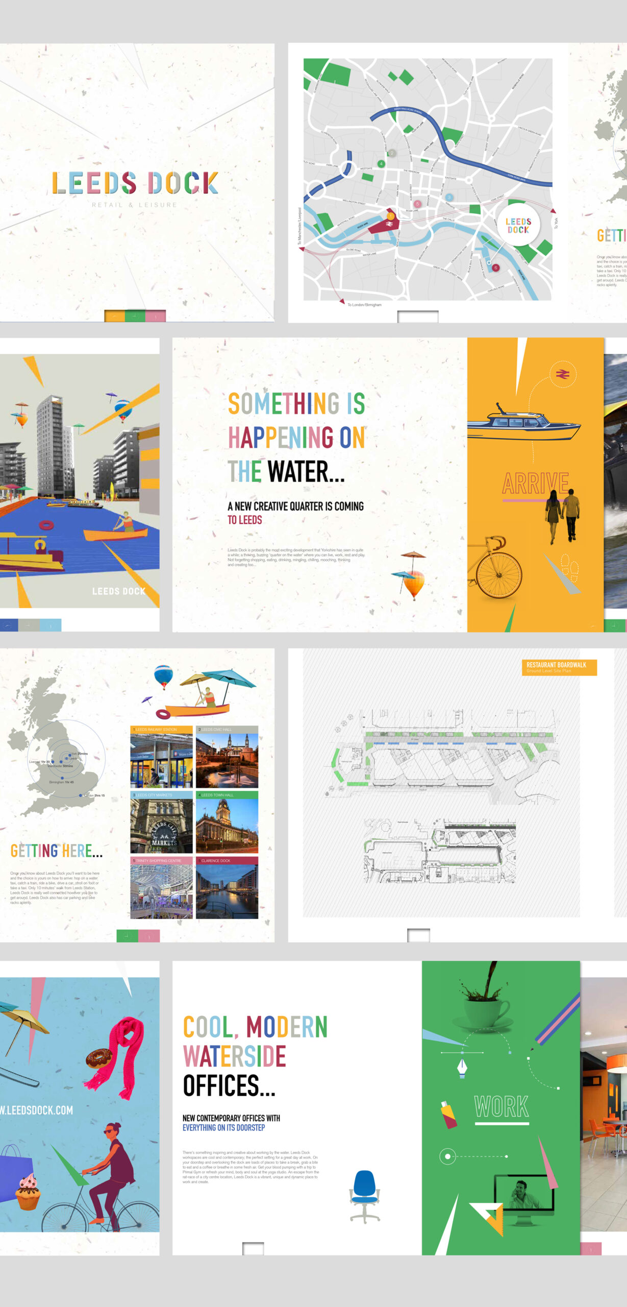 Brochure design for Leeds Dock Retail & Leisure highlighting the creative quarter with modern waterside offices and a restaurant and bar boardwalk.