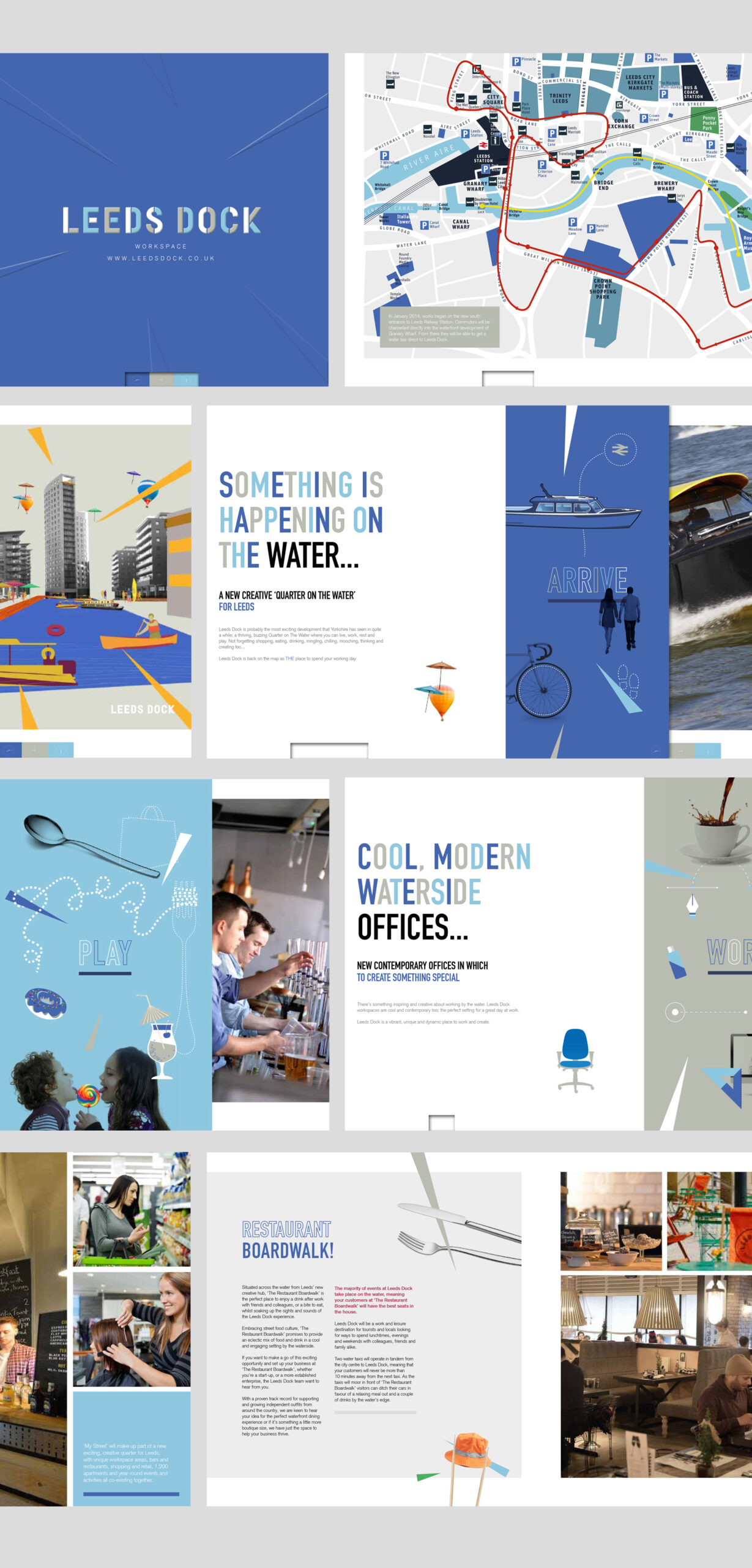 Brochure design for Leeds Dock Workspace highlighting the creative quarter with modern waterside offices and a restaurant and bar boardwalk.