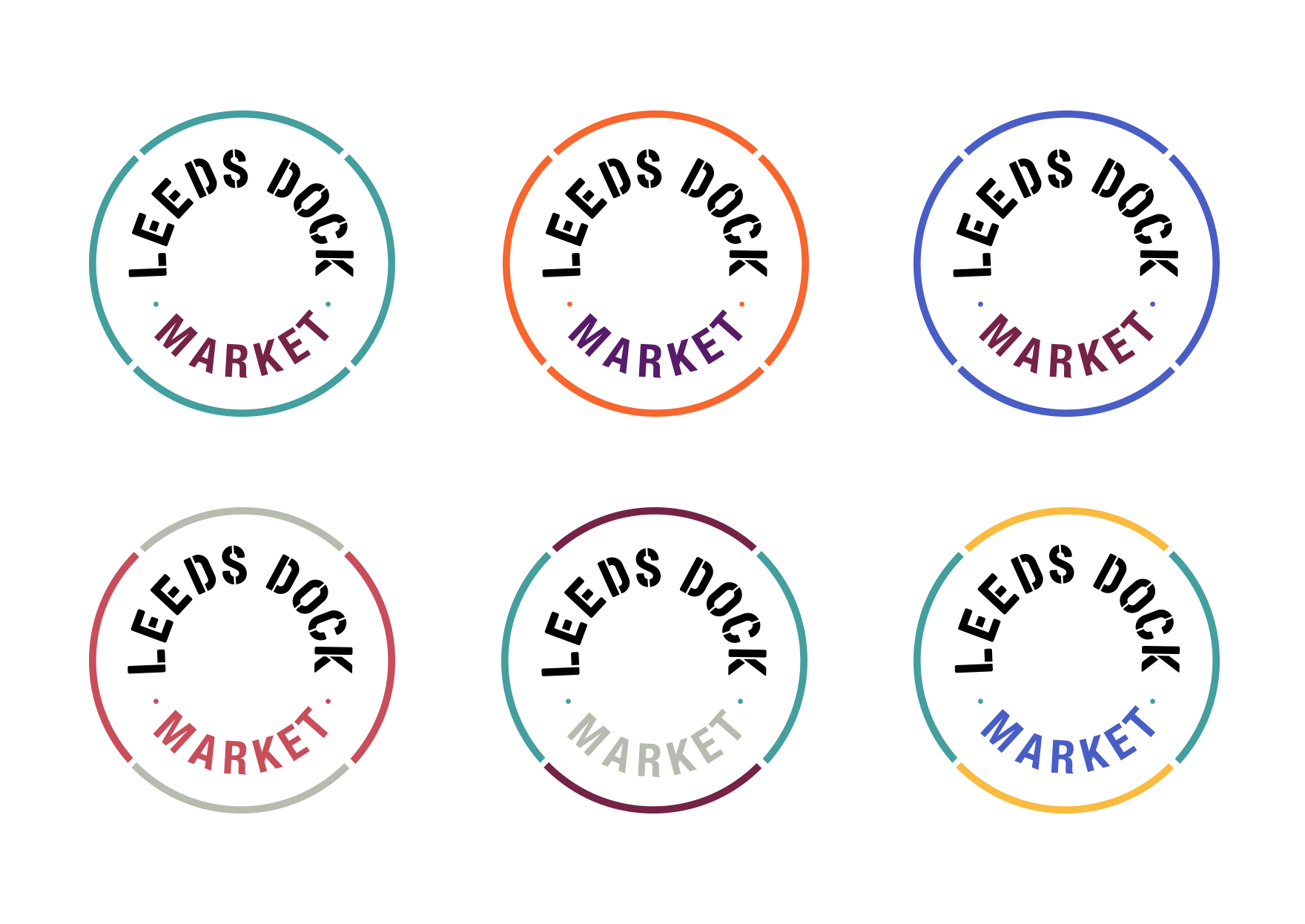 Six Leeds Dock Market logo designs shown in different colour variations