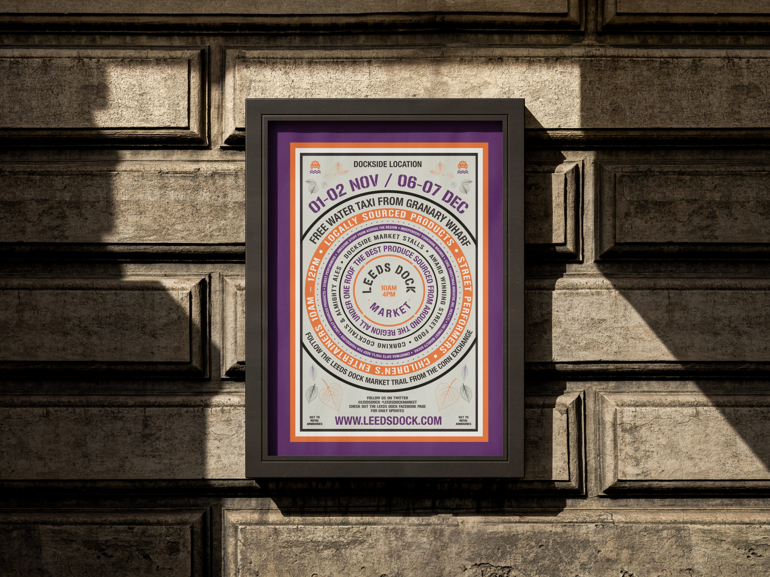 Poster design and illustration for the Leeds Dock Market in purple, orange and grey.