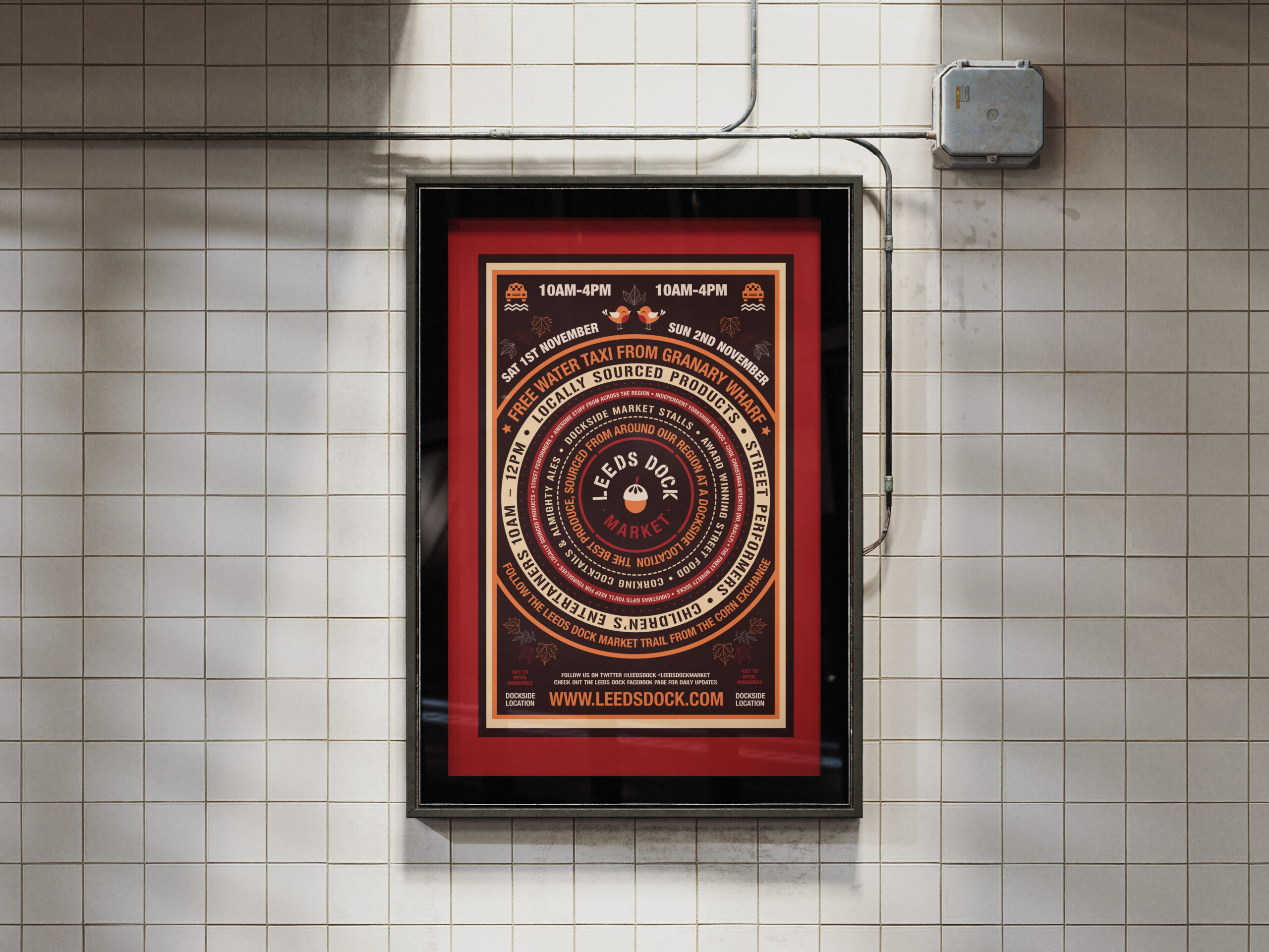 Poster design and illustration for the Leeds Dock Market in Maroon, burgundy and orange.