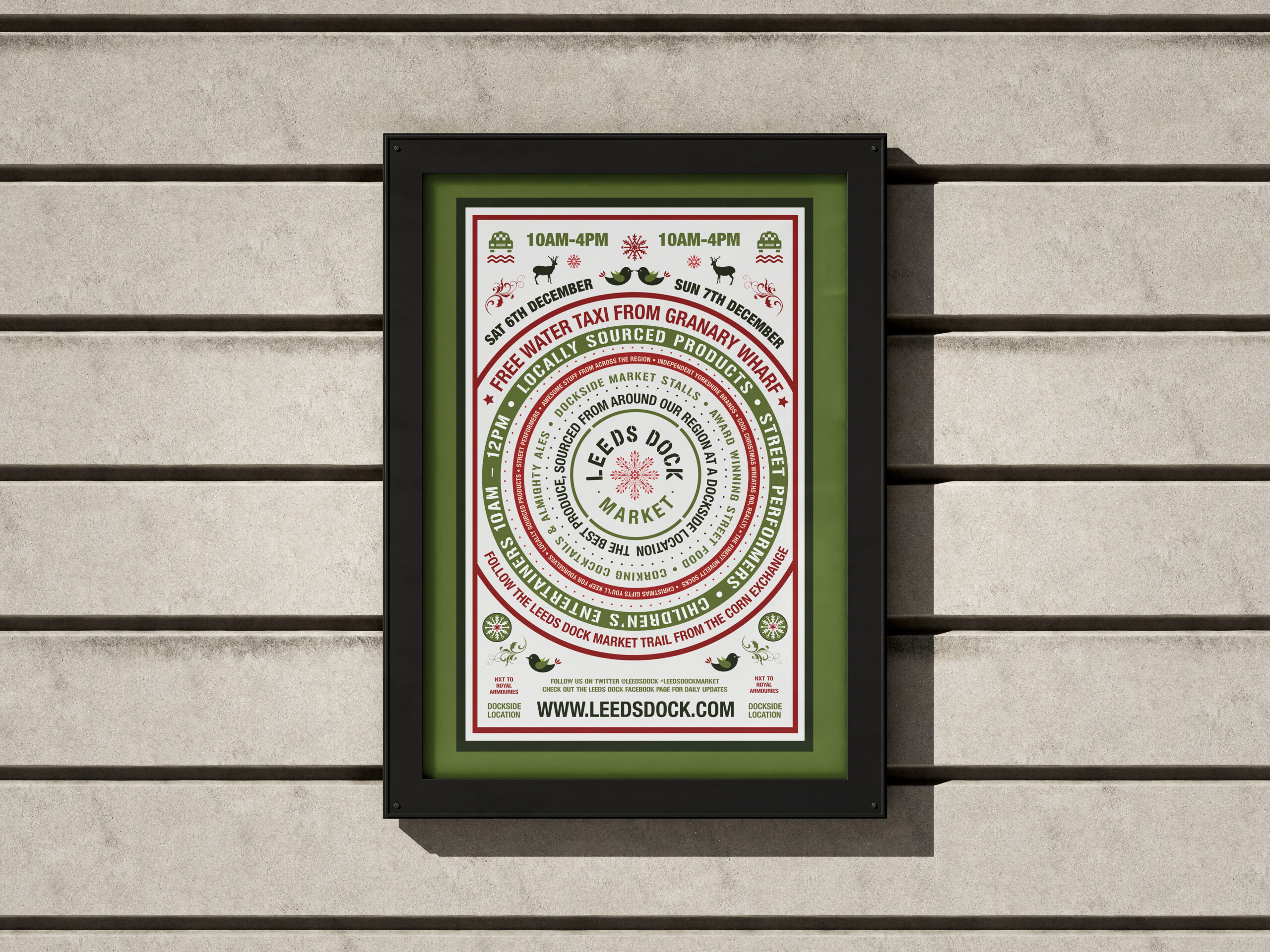 Poster design and illustration for the Leeds Dock Market in Red, green and grey.