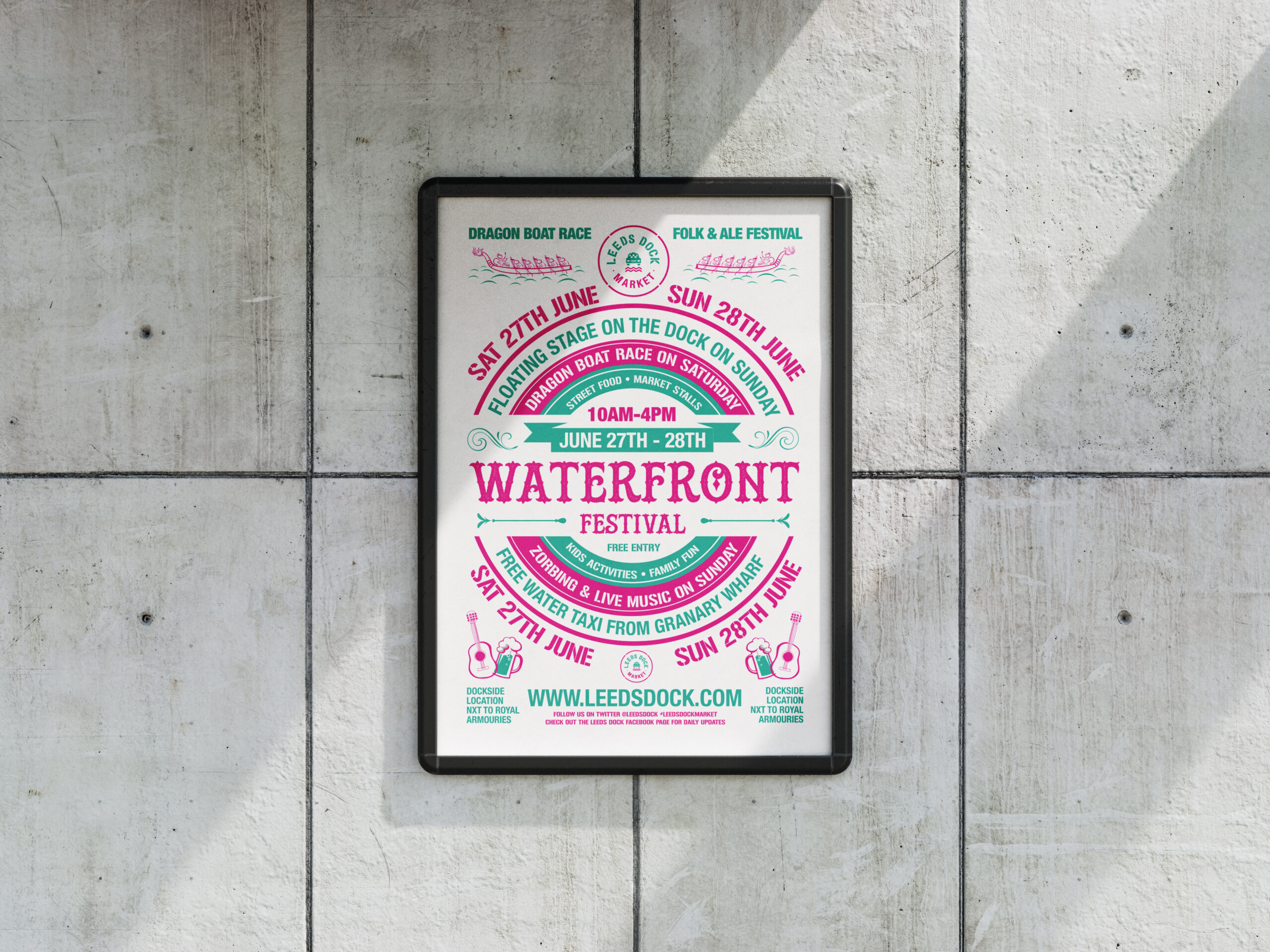 Pink, green and white poster design for the Leeds Dock Waterfront Festival on Saturday 27th and Sunday 28th June